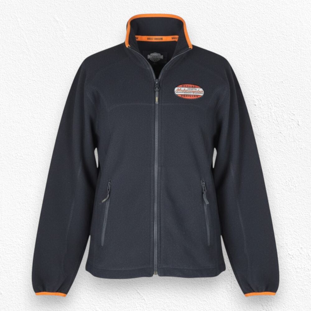 Harley-Davidson Black Orange Fleece Full Zip Jacket Size Medium Y2K Biker